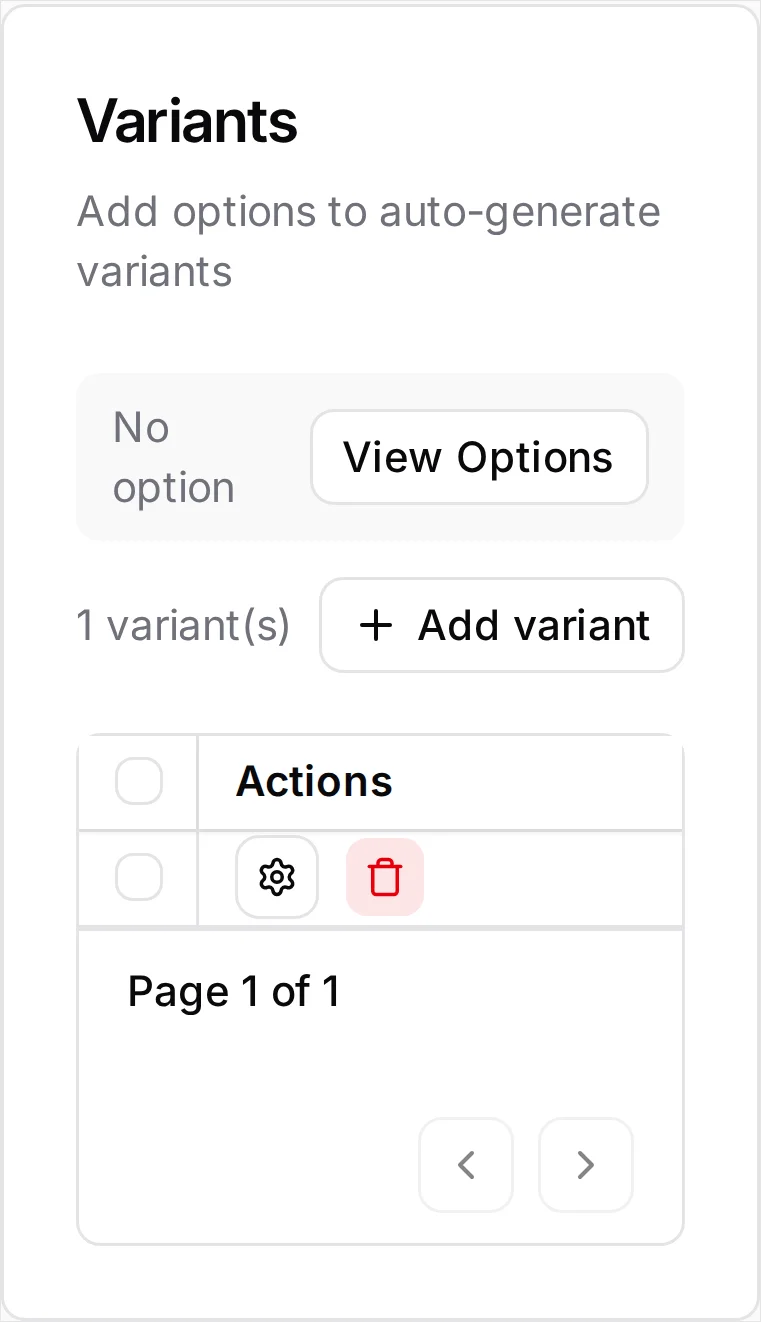 The same grid at phone width, cropped to its Actions column so the Stock figure is not visible