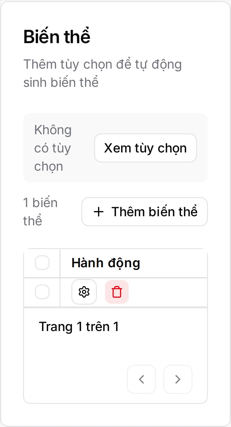 Vẫn bảng đó trên điện thoại, bị cắt còn cột Hành động nên không thấy số Tồn kho