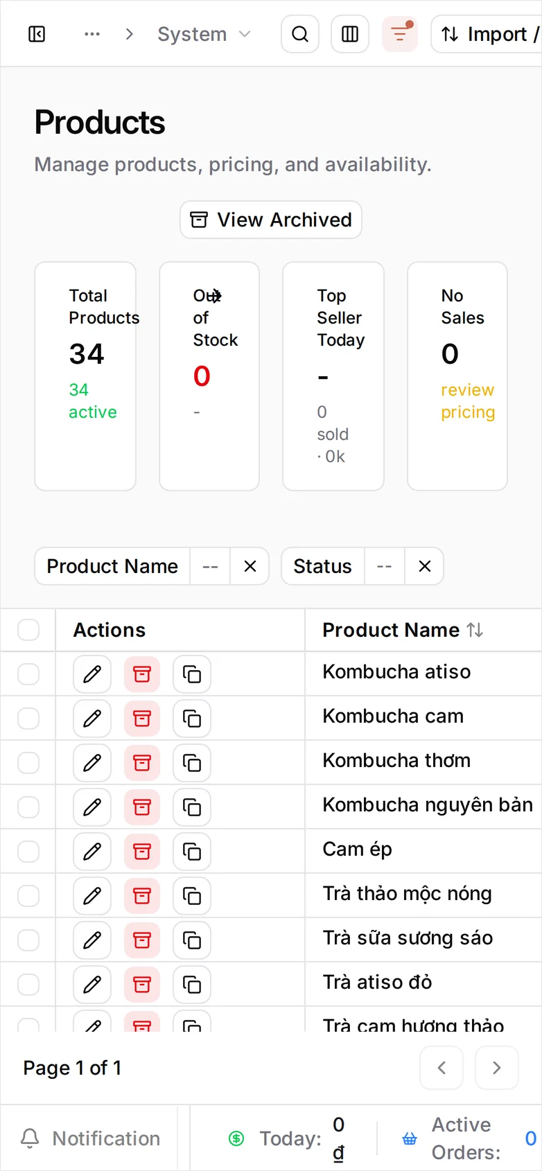 The Products list at phone width: the table keeps its desktop layout, so only Actions and Product Name fit and the Categories column is clipped away