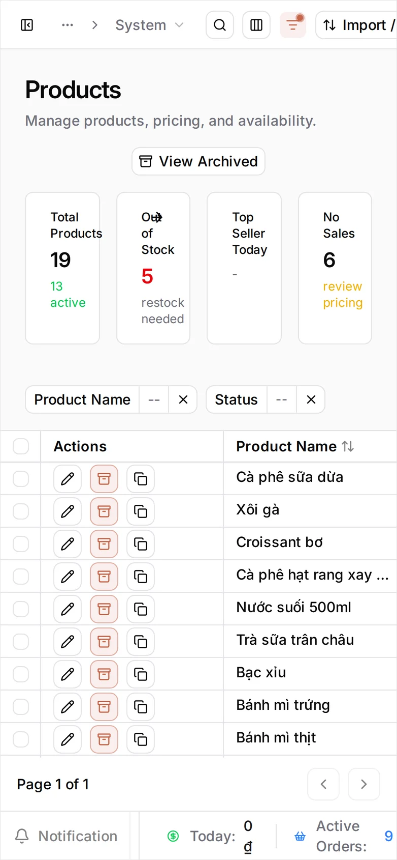 The Products list at phone width, clipped to its Actions and Product Name columns, with the Create button above