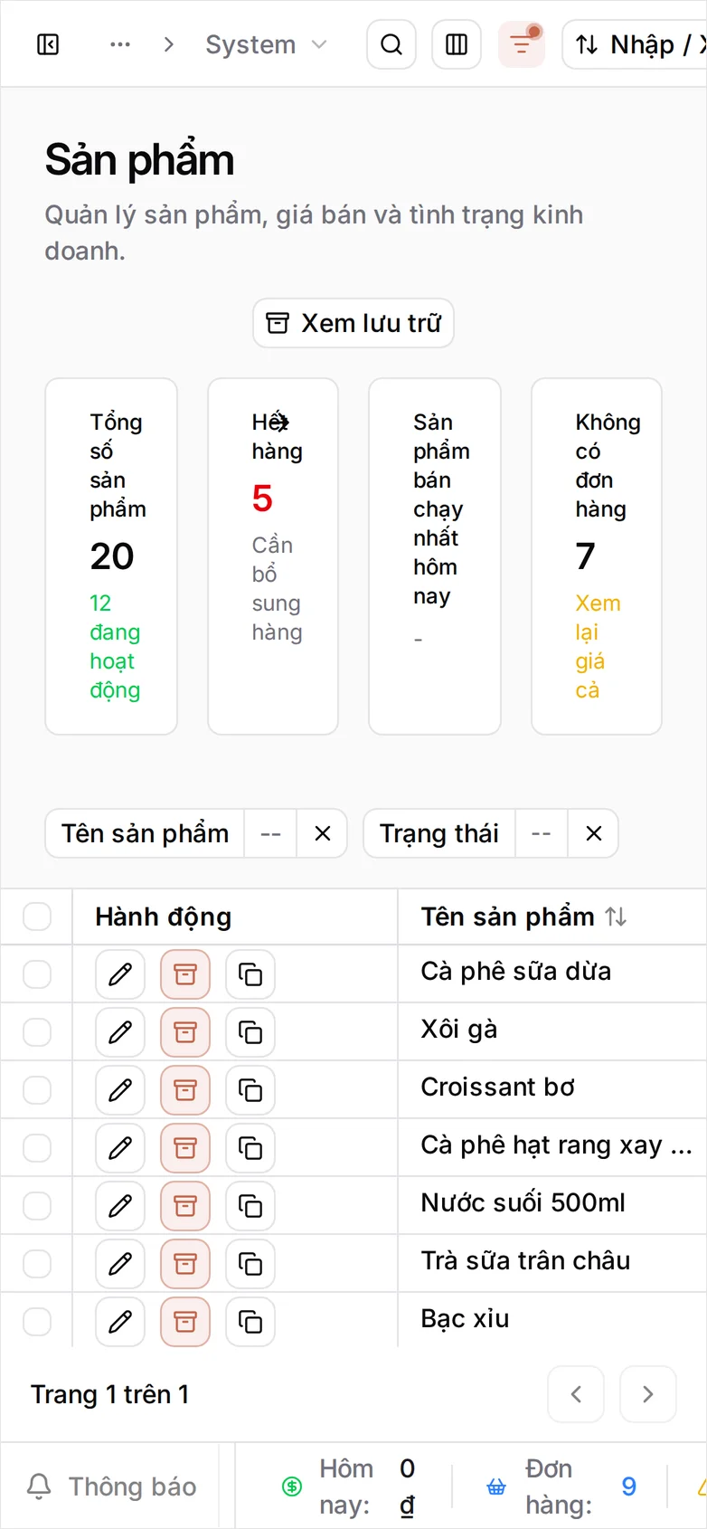 Danh sách Sản phẩm ở khổ điện thoại, chỉ còn cột Hành động và Tên sản phẩm, nút Tạo mới nằm phía trên