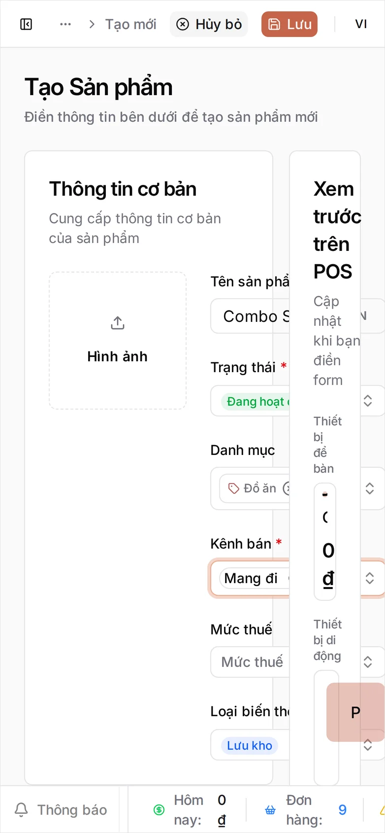 Vẫn trang đó ở khổ điện thoại: bố cục hai cột của màn hình rộng được giữ nguyên nên khung Xem trước trên POS đè lên nửa phải của mục Thông tin cơ bản, cắt ngang giá trị của ô Tên sản phẩm và ô Kênh bán