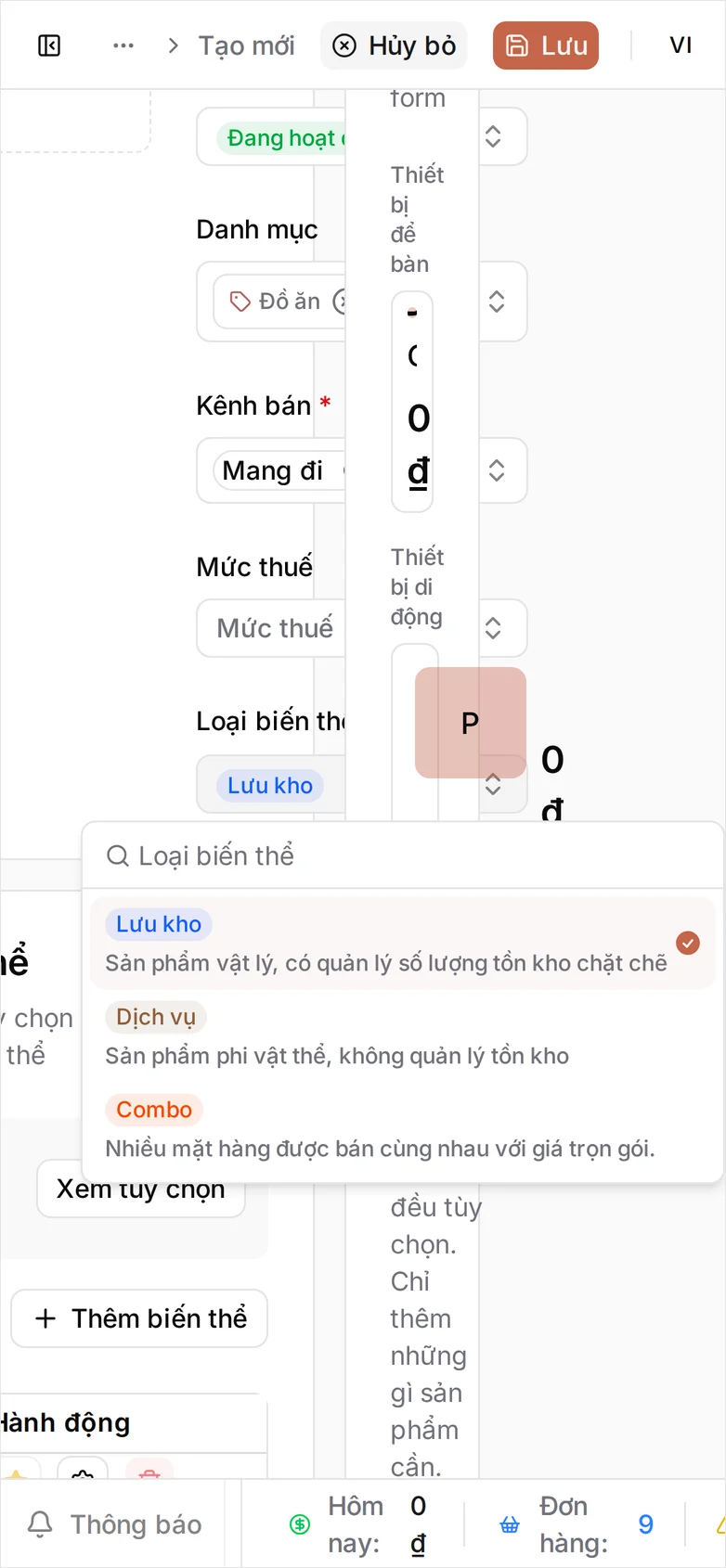 Danh sách Loại biến thể đang mở ở khổ điện thoại, sắp chọn Combo