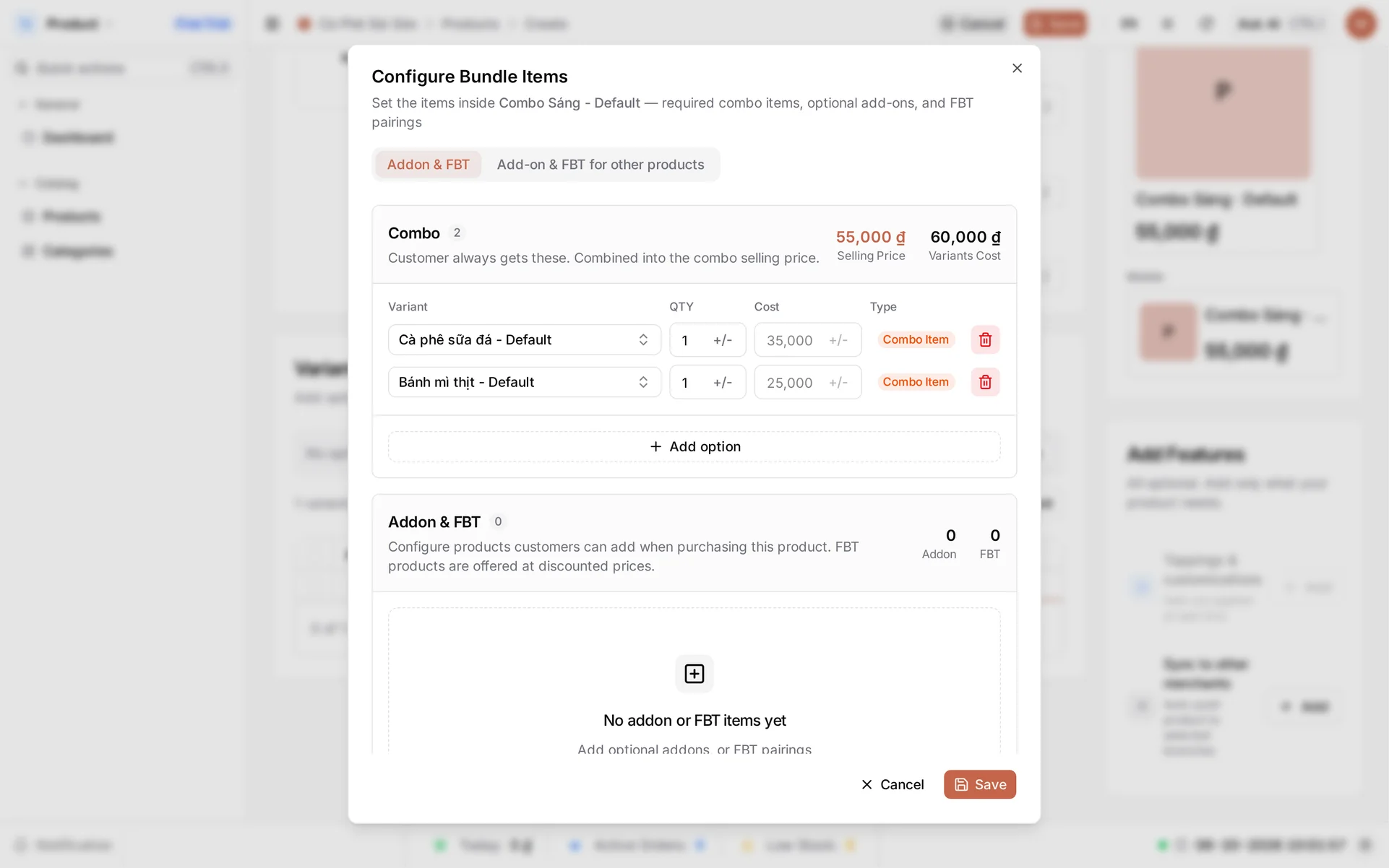 The Configure Bundle Items dialog with its Combo section reading 'Customer always gets these. Combined into the combo selling price.', Selling Price 55,000 ₫ and Variants Cost 60,000 ₫ in the header, and the columns Variant, QTY, Cost and Type over two rows — Cà phê sữa đá - Default at QTY 1 with a greyed-out Cost of 35,000 and Bánh mì thịt - Default at QTY 1 with a greyed-out 25,000, each carrying an orange Combo Item badge