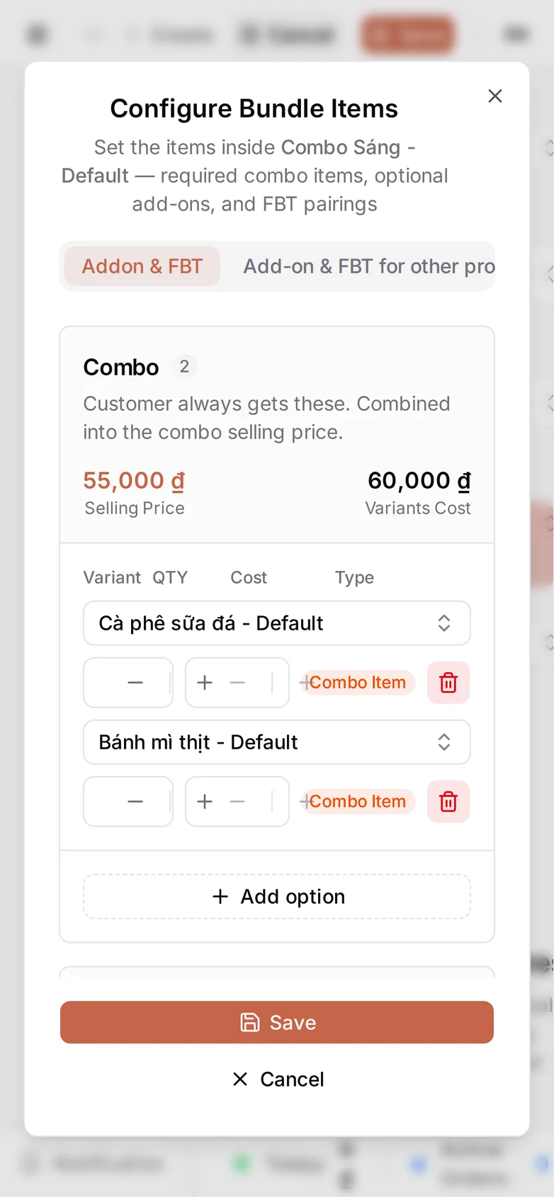 The Configure Bundle Items dialog at phone width: the Combo section header wraps and each row stacks its item picker above its quantity and price fields