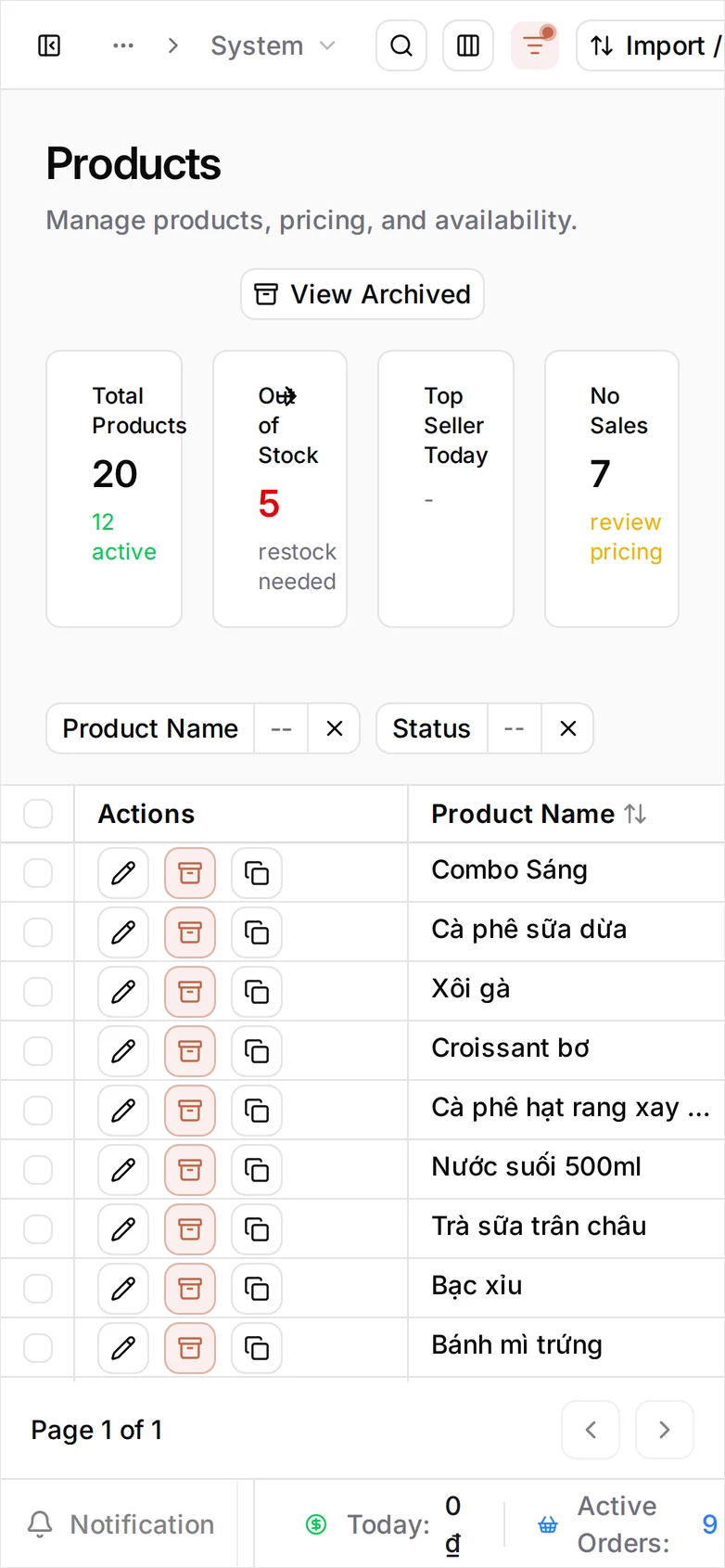 The Products list at phone width showing the Combo Sáng row among the café's products