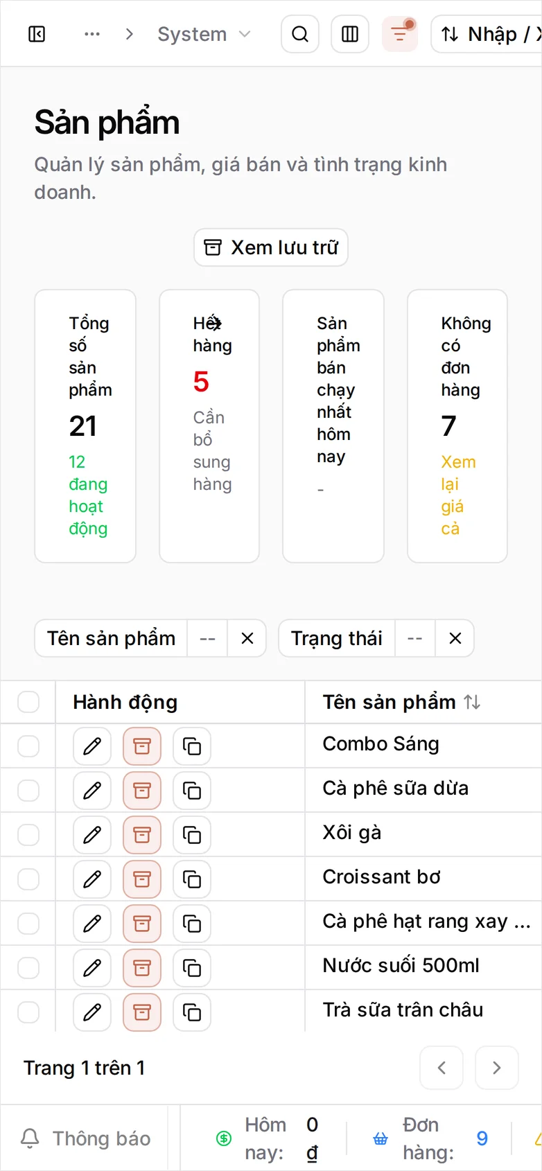 Danh sách Sản phẩm ở khổ điện thoại với dòng Combo Sáng giữa các món của quán