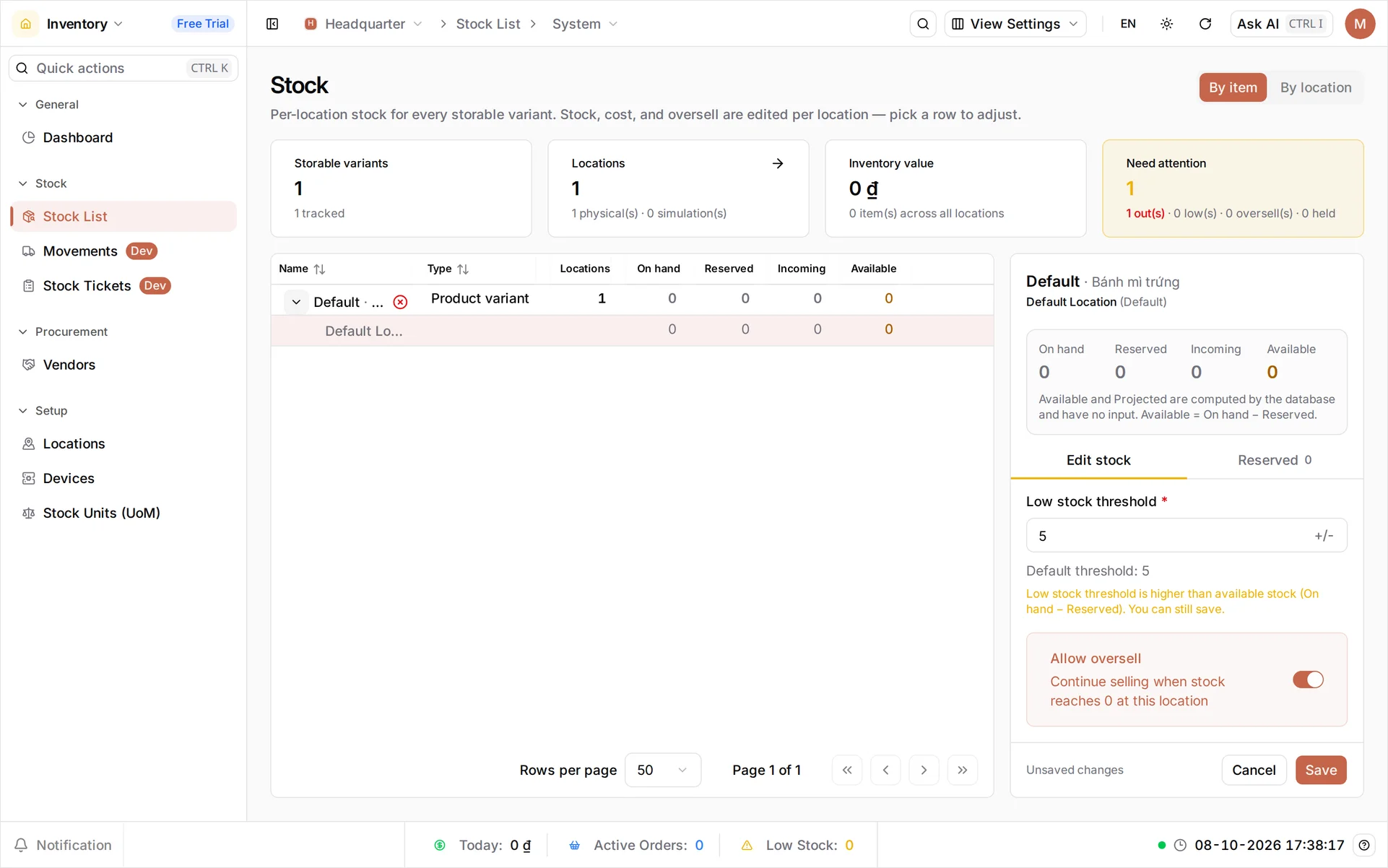 The Edit Stock panel with the Allow oversell switch turned on, described as 'Continue selling when stock reaches 0 at this location', On hand still reading 0, and the Save button below