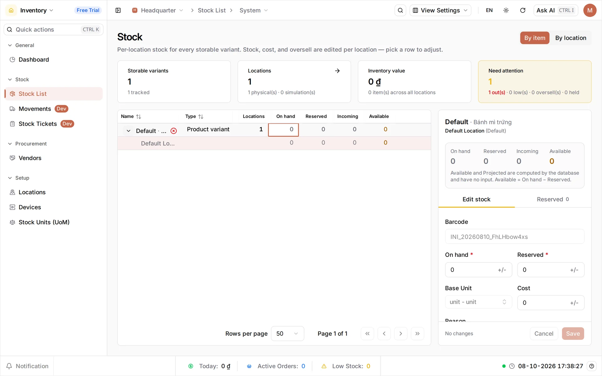 The Edit Stock panel headed with the item name above the line Default Location (Default), and the table's Locations column reading 1 for that item