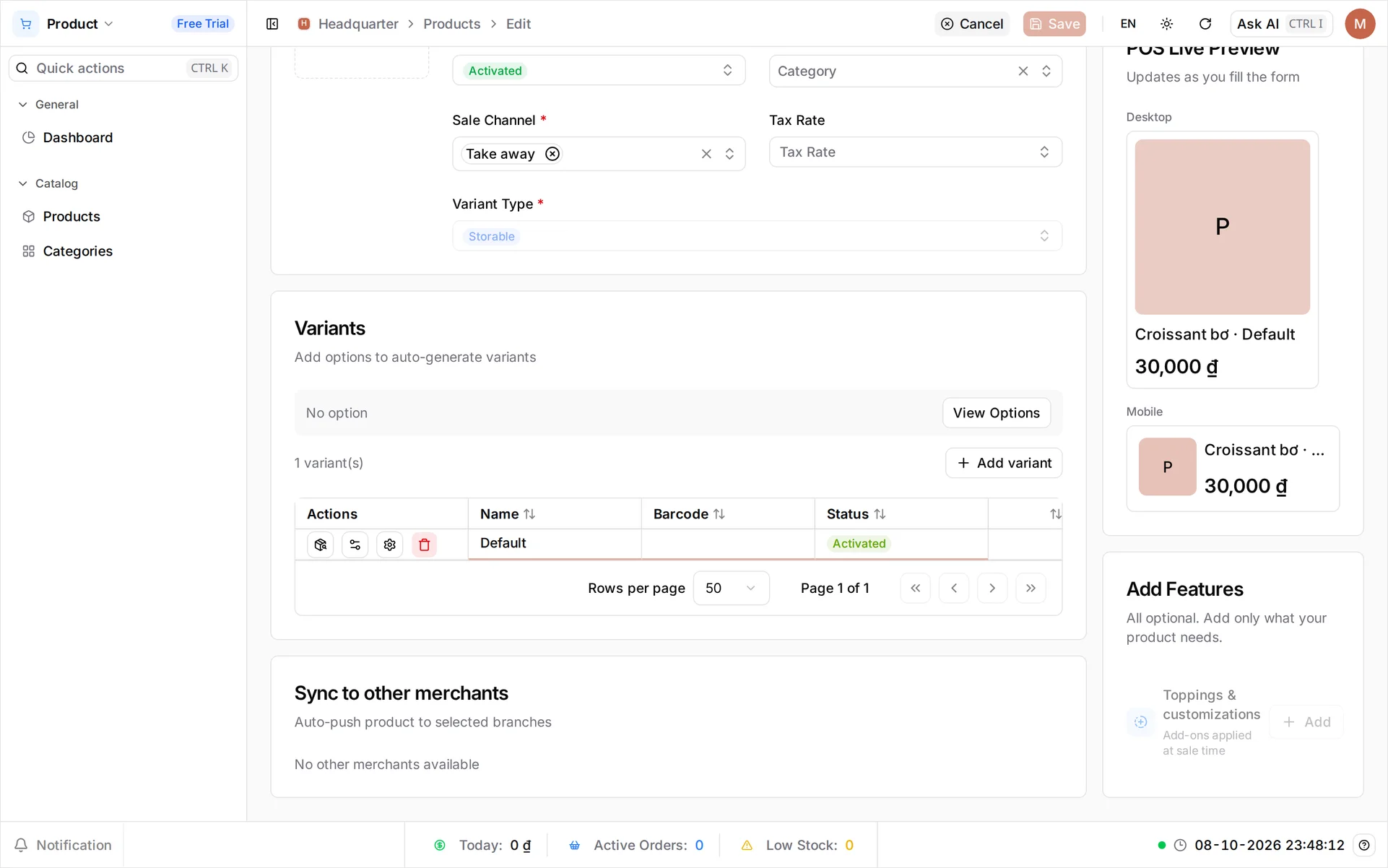 The product edit form for Croissant bơ with Status Activated in Basic Information, and the Variants grid below showing the Default row also set to Activated