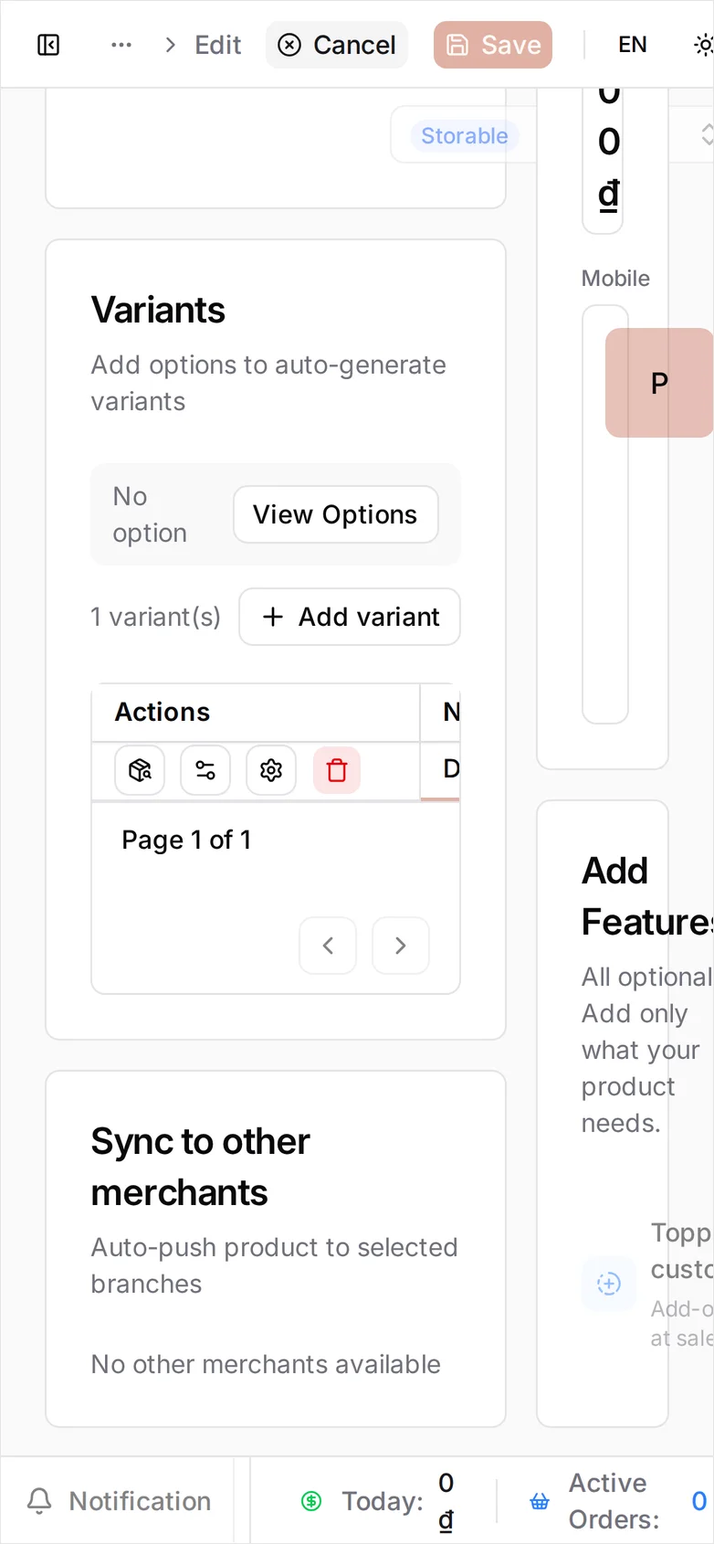 The same edit form at phone width, the Status field visible in Basic Information with the variant grid clipped to its Actions column below