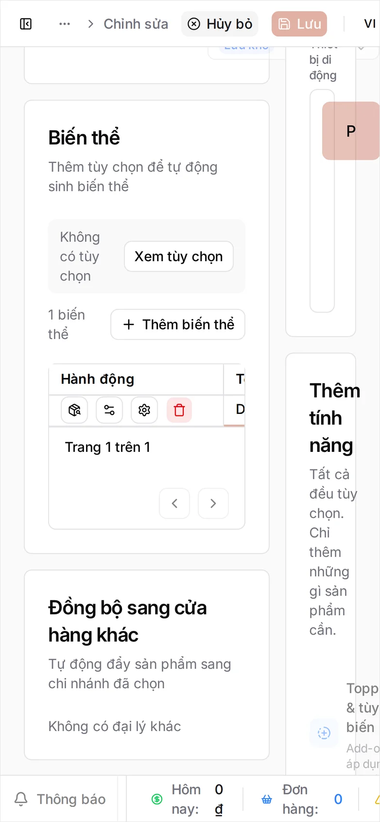 Cùng biểu mẫu trên điện thoại, ô Trạng thái hiện trong Thông tin cơ bản còn bảng biến thể bên dưới bị bó lại còn cột Hành động