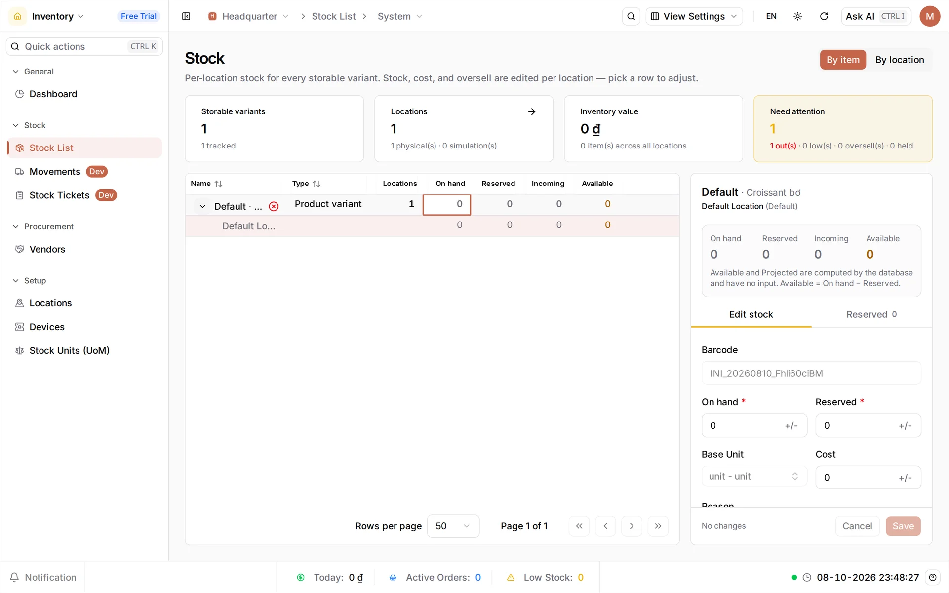 The Stock screen on By item, with Croissant bơ selected in the table showing On hand 0 and Available 0, and the Edit Stock panel open on the right, headed with the item name and the location line Default Location (Default)