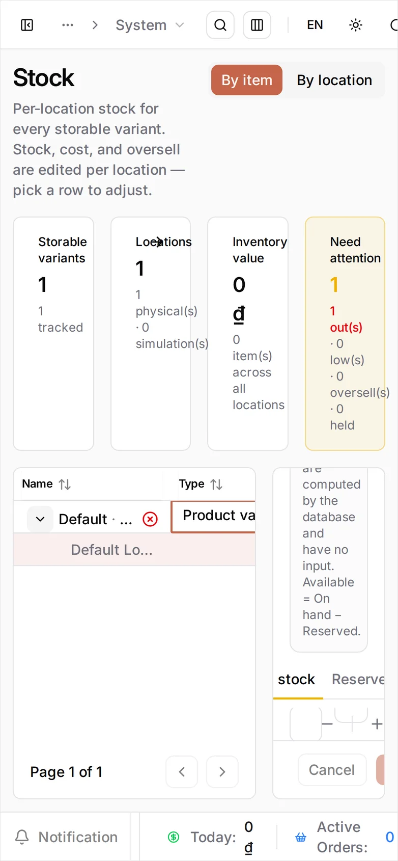 The Stock screen at phone width: it keeps its two-column layout, so the table is clipped to Name and Type and the editor panel is cut off beside it rather than stacking