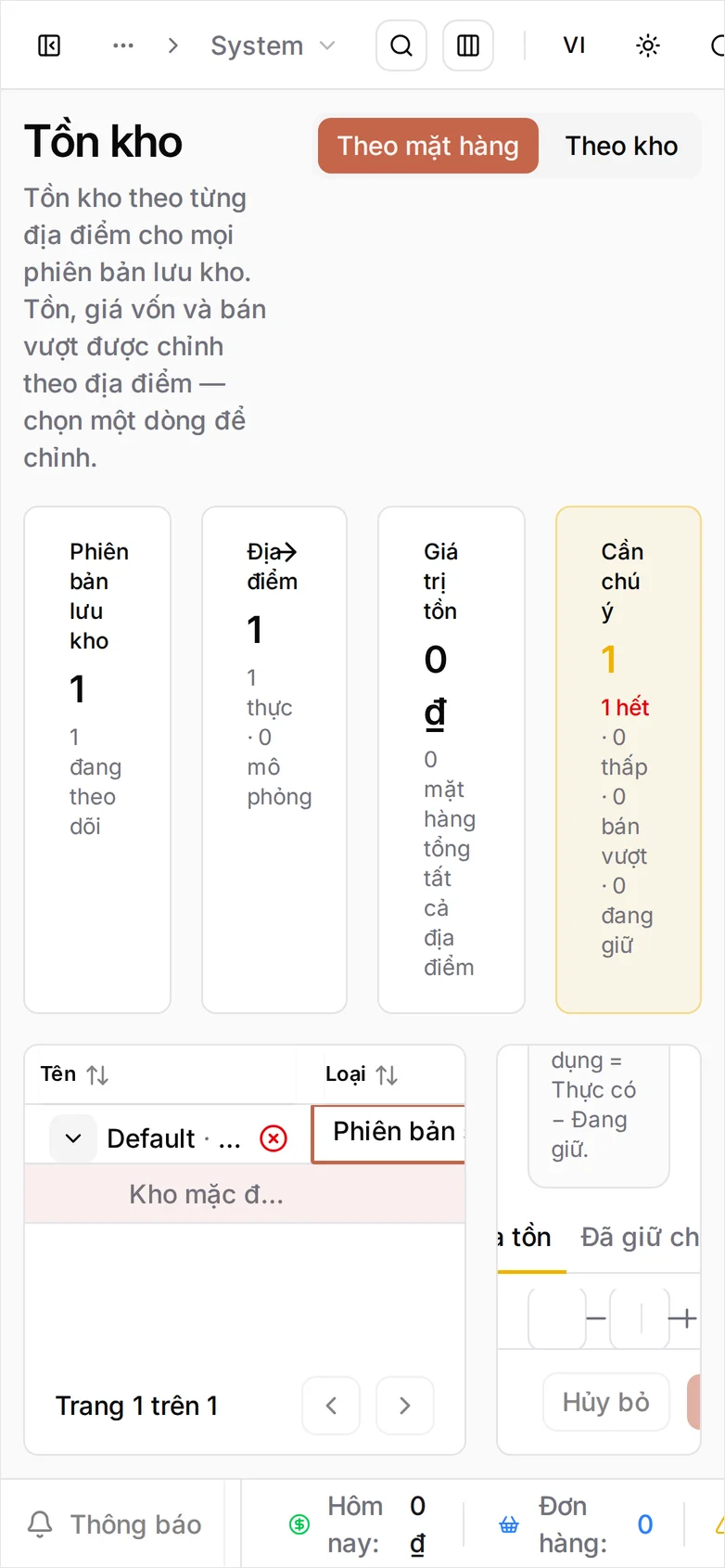 Màn hình Tồn kho trên điện thoại: vẫn giữ bố cục hai cột, nên bảng chỉ còn cột Tên và Loại còn phần chỉnh sửa bị cắt ở bên cạnh chứ không xuống dòng