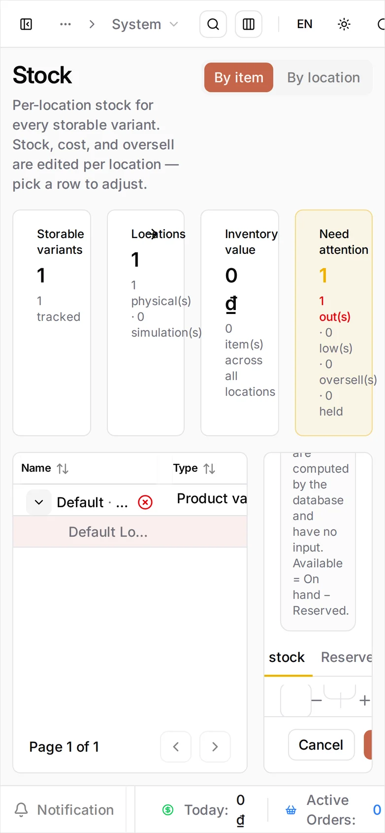 The Edit Stock panel at phone width with On hand 12 entered and the Allow oversell switch below