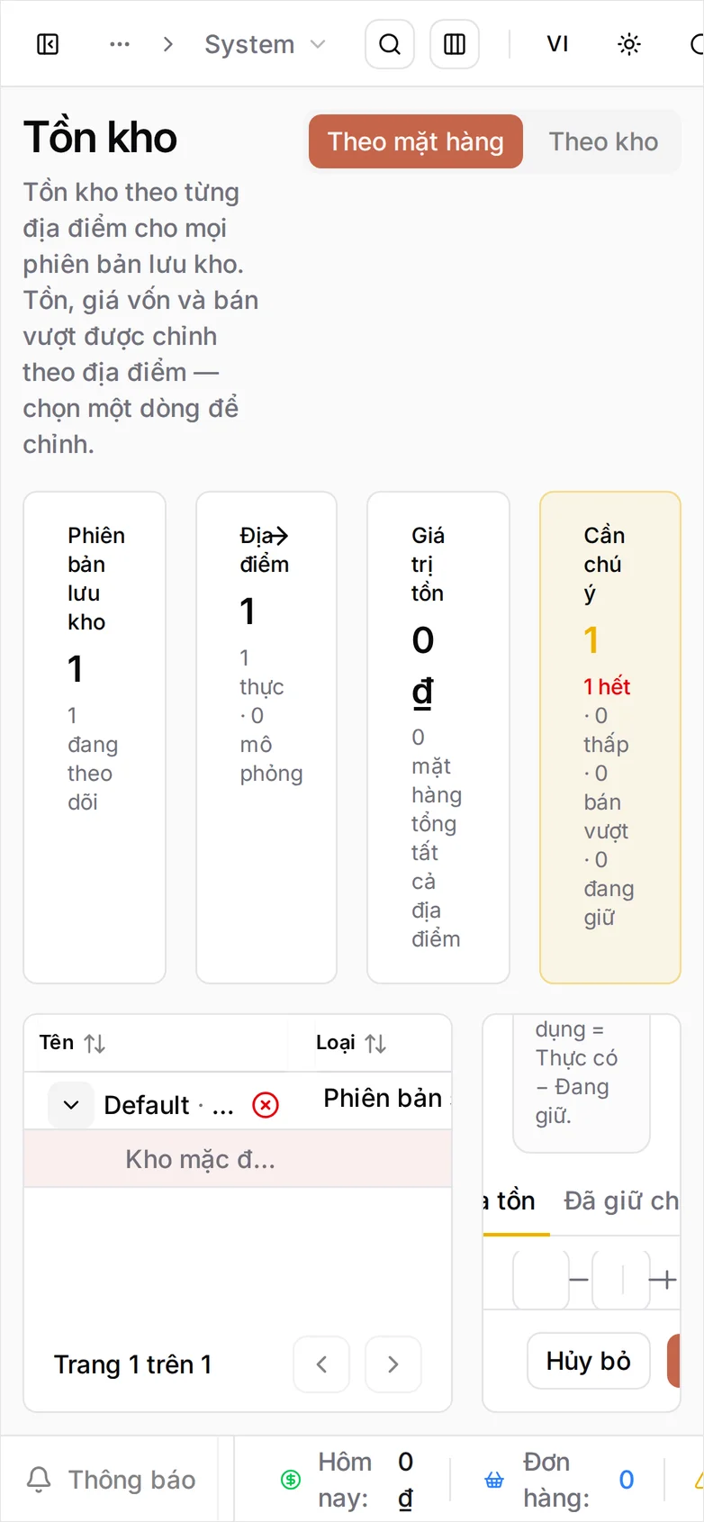 Bảng chỉnh tồn kho trên điện thoại với Tồn thực tế 12 đã nhập và công tắc Cho phép bán âm bên dưới