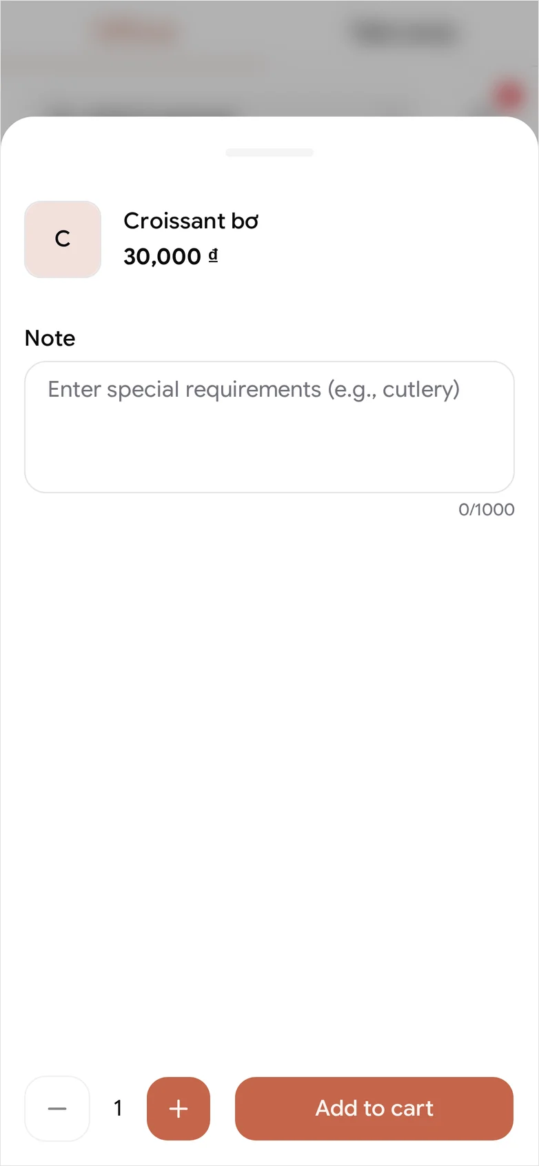 The POS at phone width with Croissant bơ in the cart at 30,000 ₫
