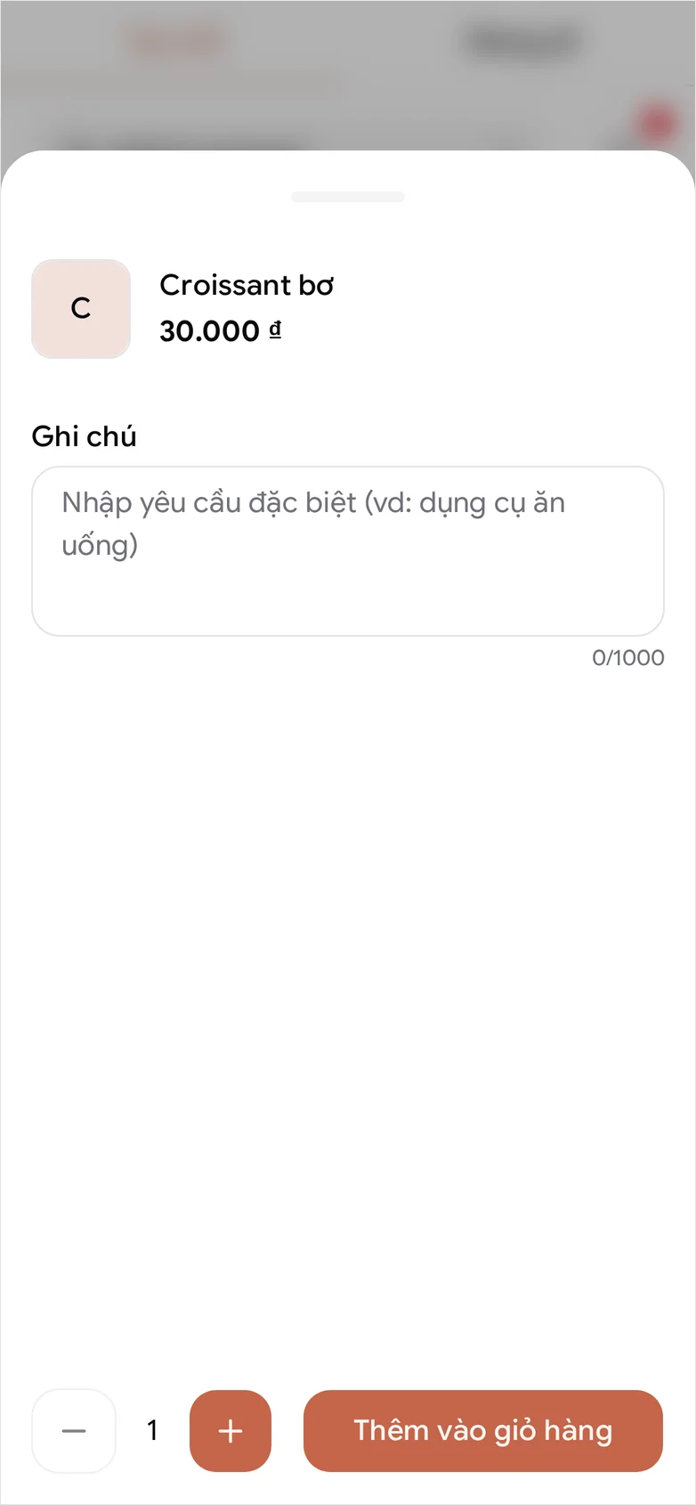 POS trên điện thoại với Croissant bơ trong giỏ ở mức 30.000 ₫