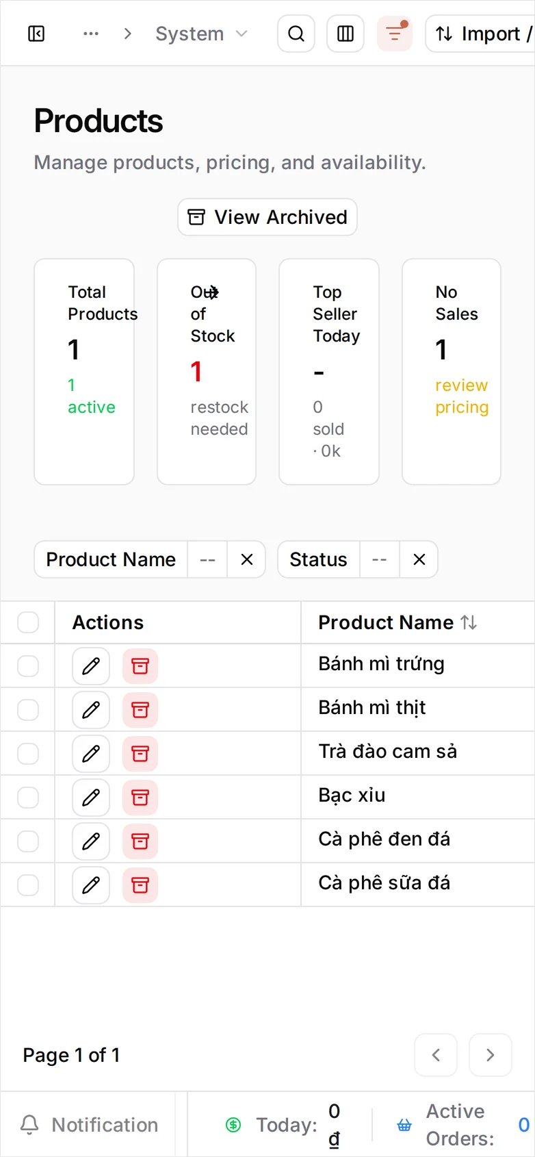 The Products list with Actions as the first column — a pencil and an archive button per row — then Product Name, Status, Categories, Sale Channels, Tax, Variant Count, Unfinished Sale Order Count and Price Range, showing the café's six products all Activated, with View Archived in the top right