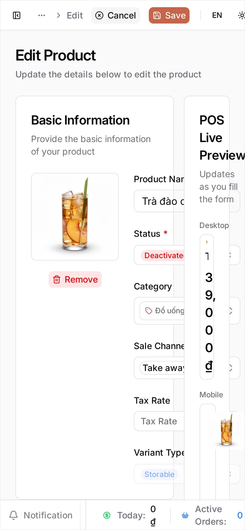 The product edit form for Trà đào cam sả with Status set to Deactivated