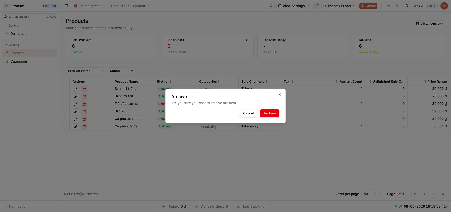 The Archive confirmation dialog — 'Are you sure you want to archive this item?' — with Cancel and Archive buttons, over the product list