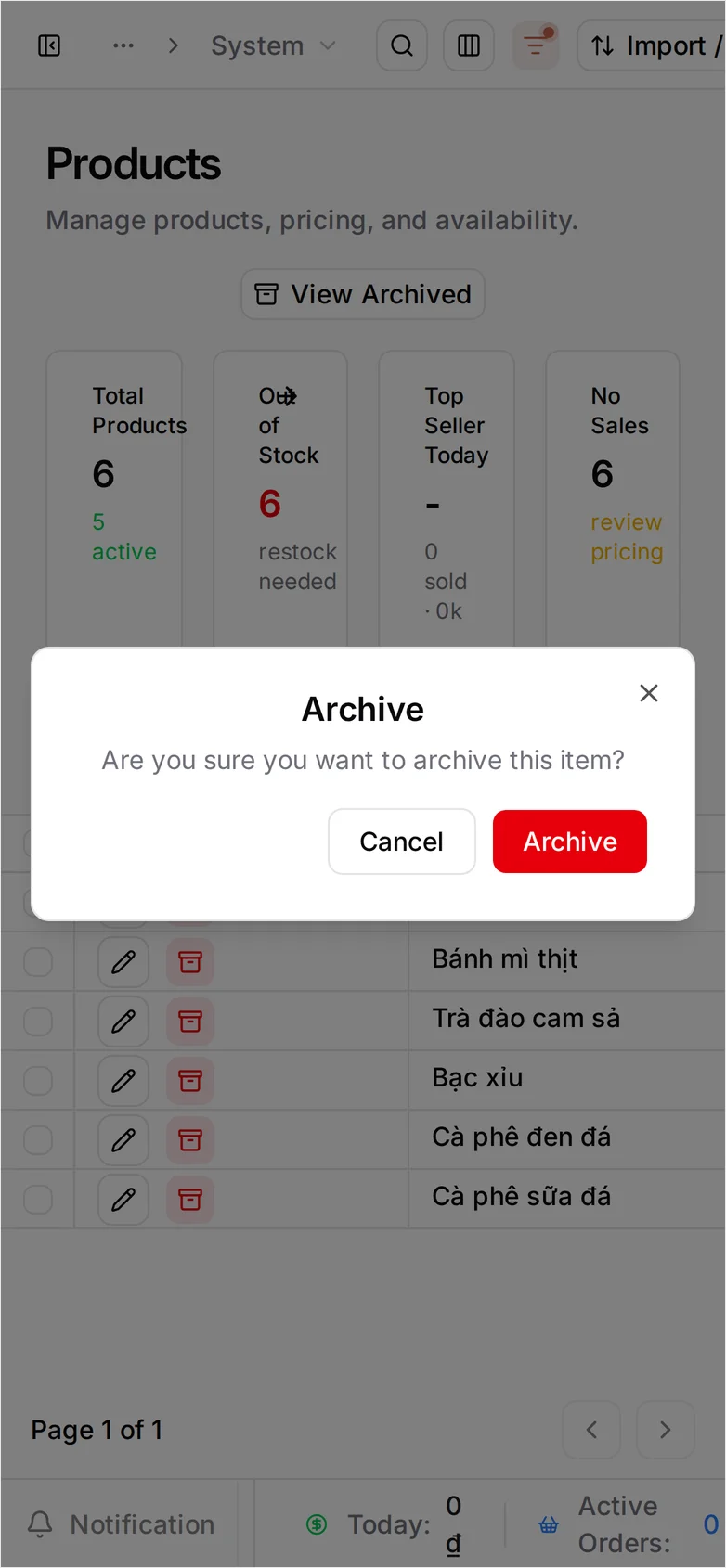 The Archive confirmation dialog — 'Are you sure you want to archive this item?' — with Cancel and Archive buttons, over the product list