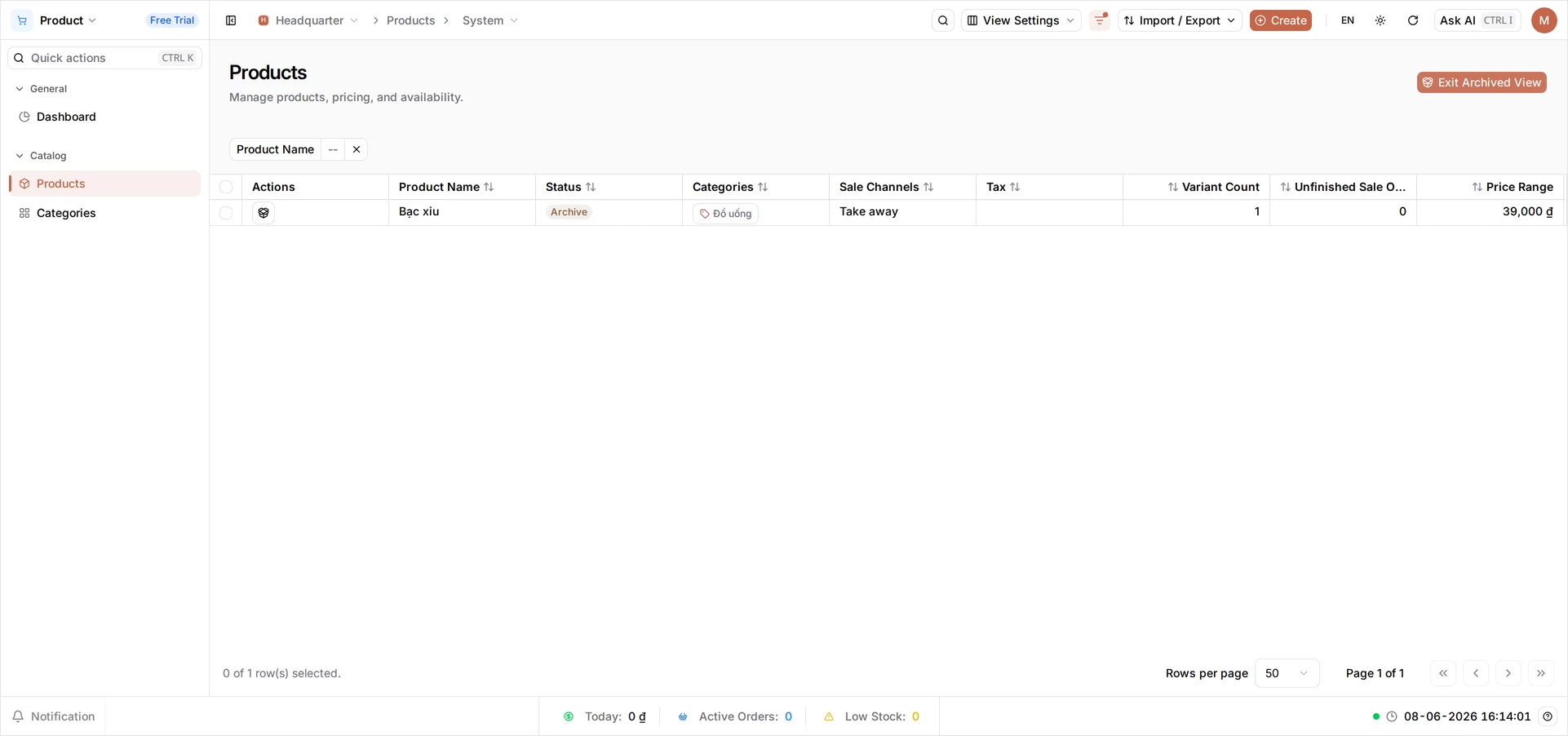 The Products list in archived view after selecting View Archived, showing Bạc xỉu with a restore action on its row and Exit Archived View in the top right