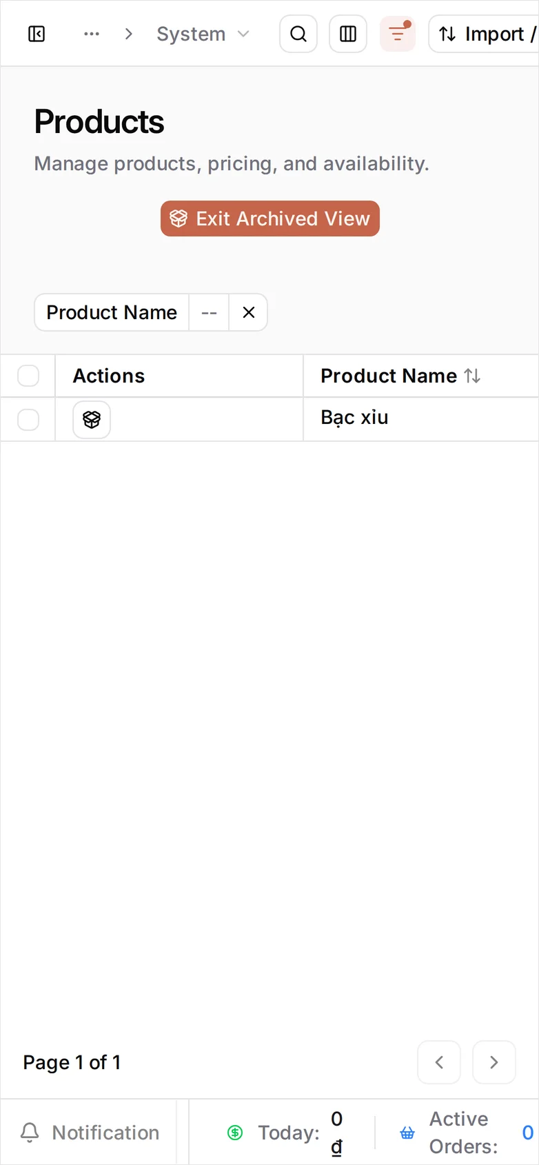 The Products list in archived view after selecting View Archived, showing Bạc xỉu with a restore action on its row and Exit Archived View in the top right
