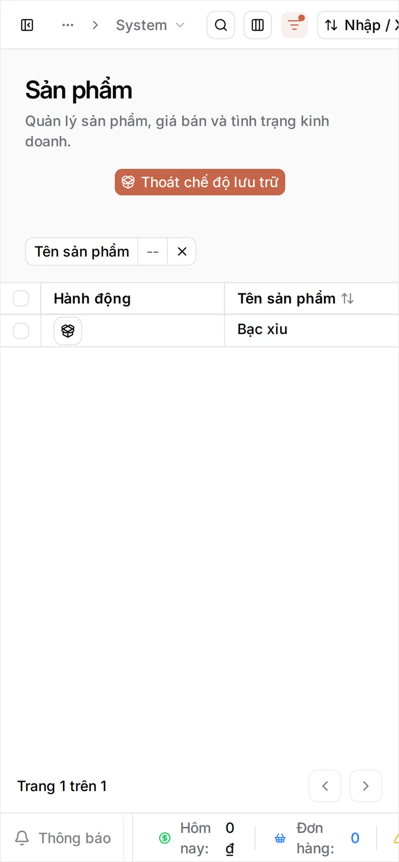 Danh sách Sản phẩm ở chế độ lưu trữ sau khi bấm Xem lưu trữ, hiển thị Bạc xỉu với thao tác khôi phục trên dòng của nó và nút Thoát chế độ lưu trữ ở góc trên bên phải