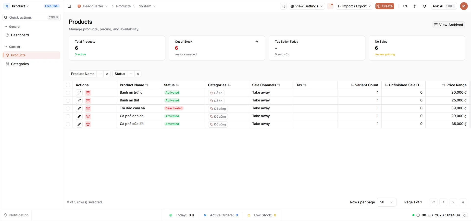 The Products list showing Trà đào cam sả as Deactivated and Bạc xỉu no longer in the live product list