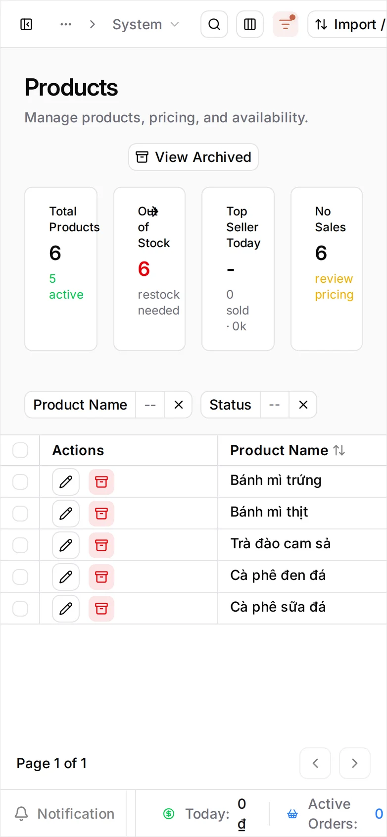 The Products list showing Trà đào cam sả as Deactivated and Bạc xỉu no longer in the live product list