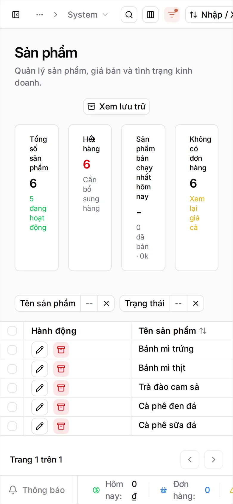 Danh sách Sản phẩm hiển thị Trà đào cam sả ở trạng thái Dừng hoạt động và Bạc xỉu đã rời khỏi danh sách đang bán
