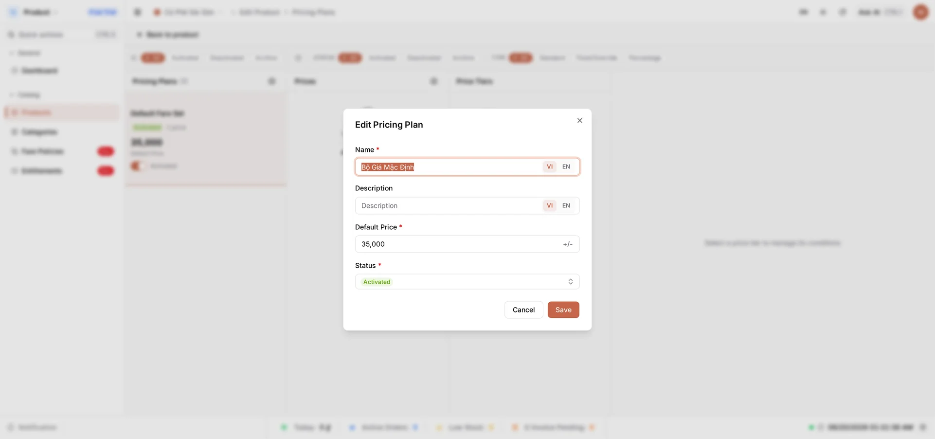 The Edit Pricing Plan dialog for Default Fare Set with the Default Price 35,000 and the status set to Activated