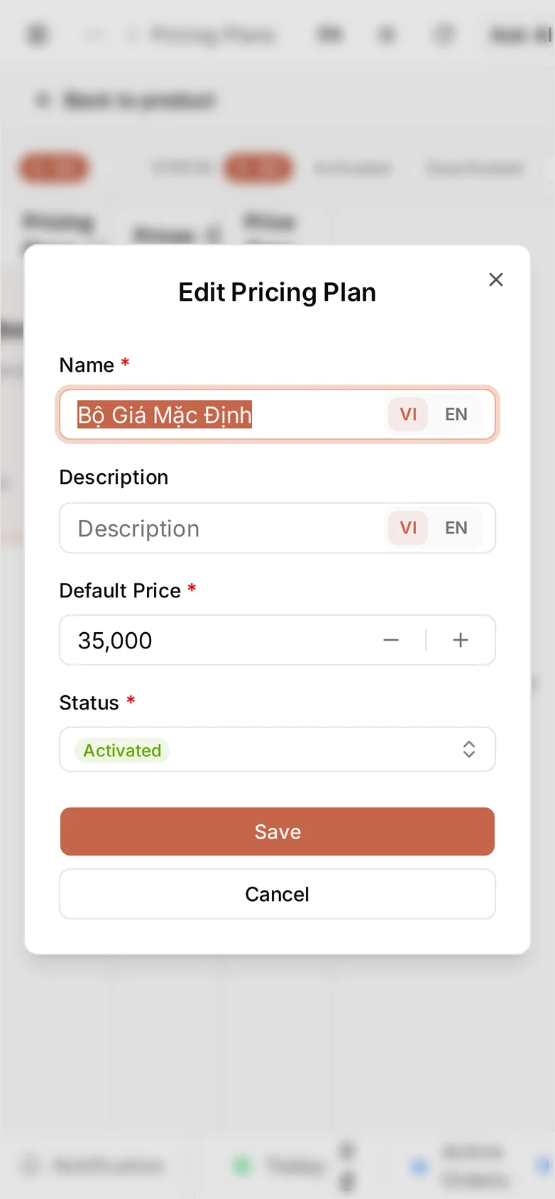 The Edit Pricing Plan dialog for Default Fare Set with the Default Price 35,000 and the status set to Activated