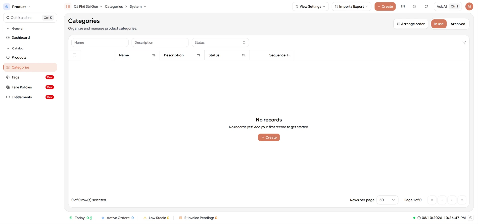 The Categories page, opened from Catalog in the sidebar: an empty table under the headings Actions, Name, Description, Status and Sequence, reading No Category match the filter over a Clear Filters button, with View Archived and Arrange order above it and Create in the top bar