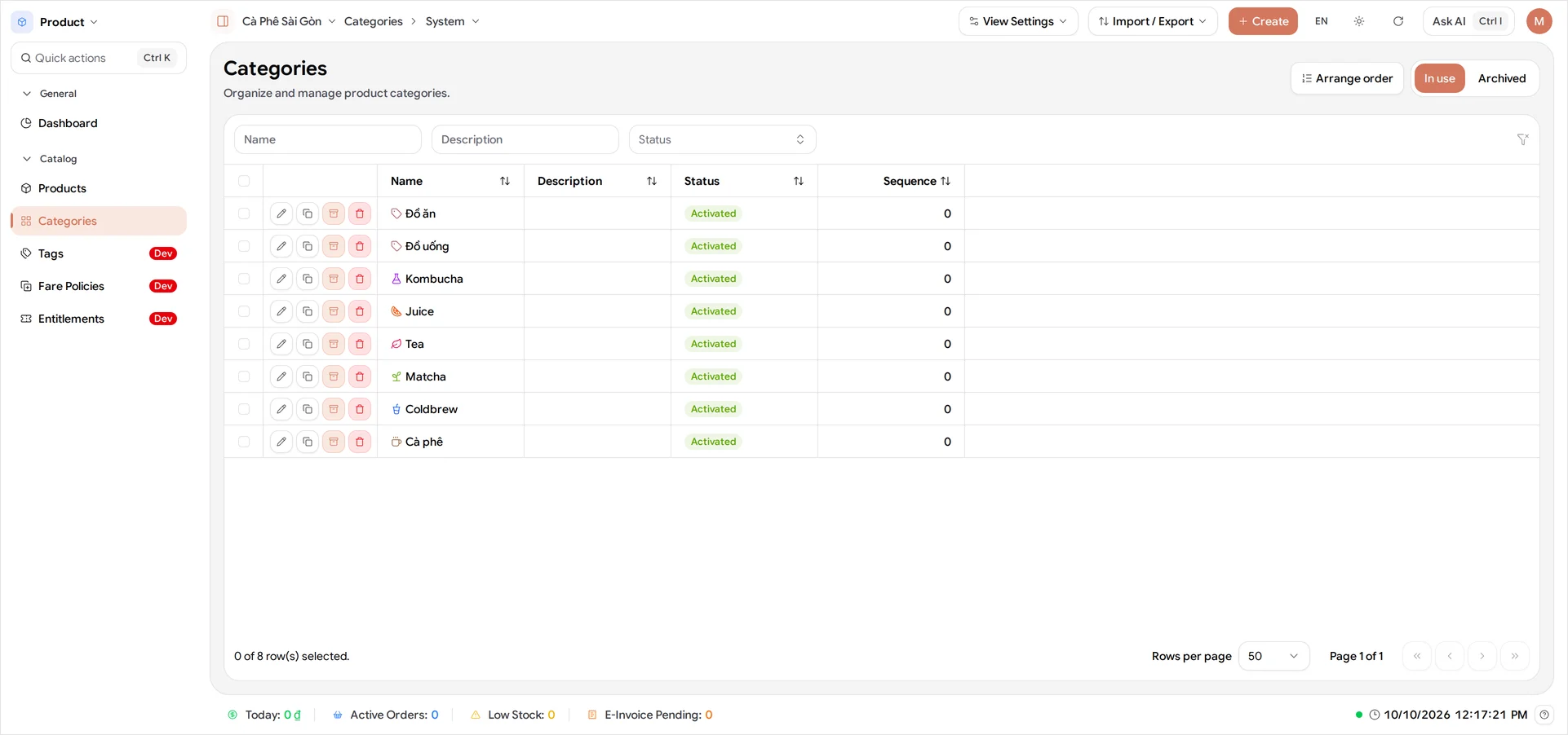 The Categories list with all eight categories - Đồ ăn and Đồ uống first, still on the default tag icon, then Kombucha, Juice, Tea, Matcha, Coldbrew and Cà phê each carrying its own coloured icon - every row showing Status Activated, with 0 of 8 row(s) selected beneath the table