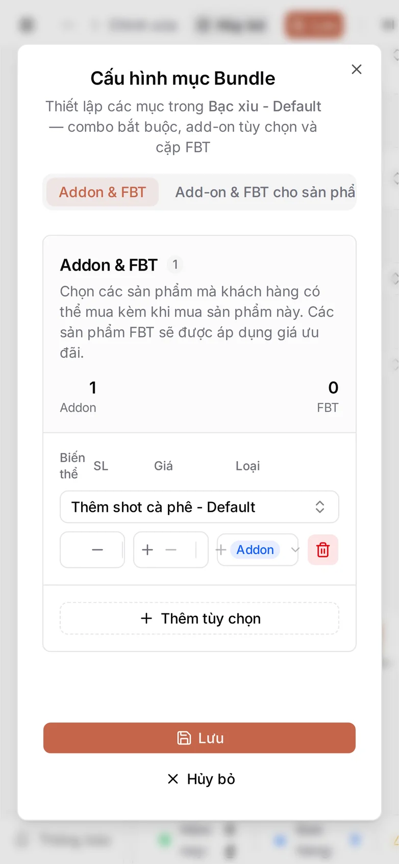 Dòng addon ở khổ điện thoại, ô chọn món xếp trên ô số lượng và ô giá bị làm mờ
