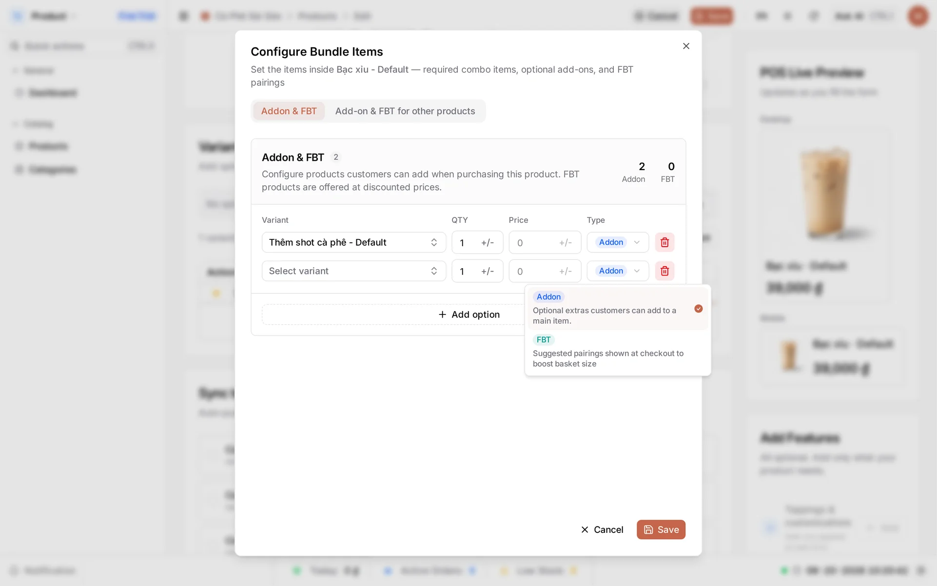 The type selector open on a second row, offering a blue Addon badge described as 'Optional extras customers can add to a main item.' and a teal FBT badge described as 'Suggested pairings shown at checkout to boost basket size', with FBT about to be chosen
