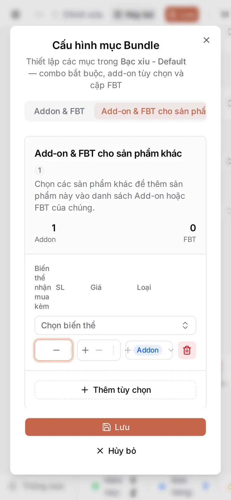 Vẫn tab đó ở khổ điện thoại, ô Biến thể sản phẩm nhận mua kèm chiếm trọn chiều ngang