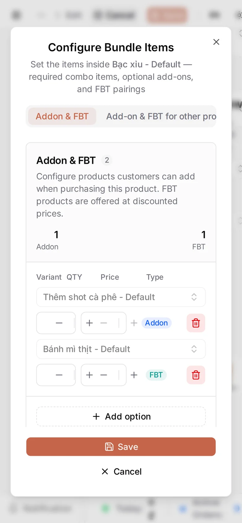 The two saved rows at phone width, with the Addon and FBT counts wrapping above them