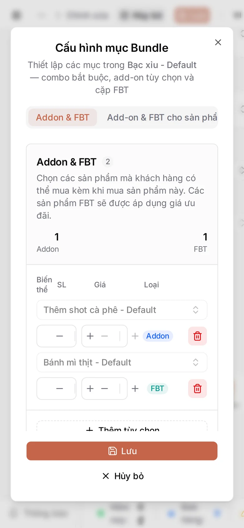 Hai dòng đã lưu ở khổ điện thoại, hai ô đếm Addon và FBT xuống dòng phía trên