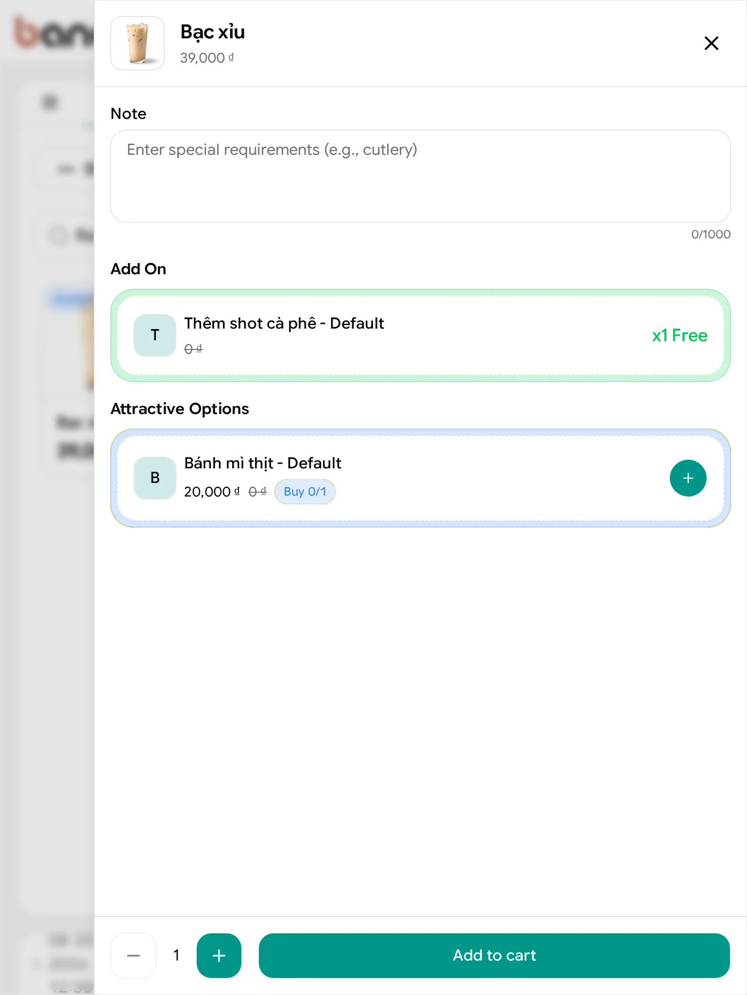 The same product sheet at tablet width, its sections stacked over the menu grid behind