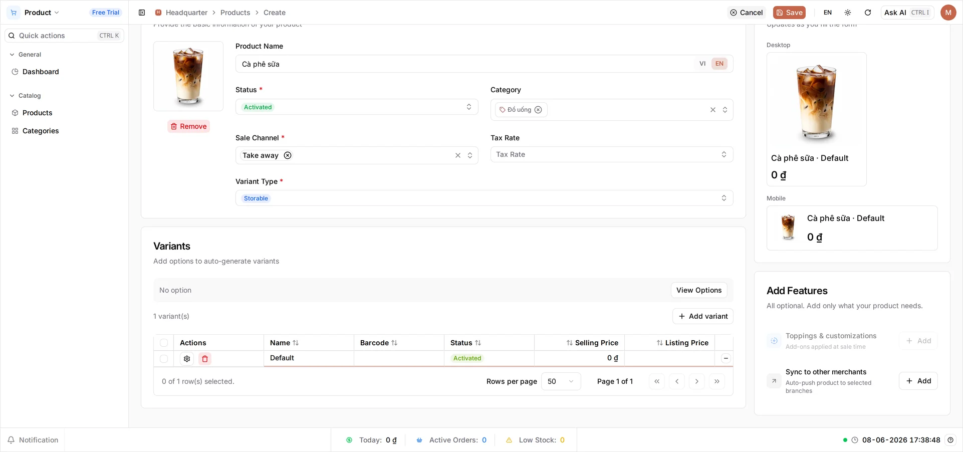 The Variants section of the Create Product form with the option editor collapsed: the description 'Add options to auto-generate variants', a summary row reading 'No option' with a View Options button, and a one-row table below it holding the placeholder variant named Default at 0 ₫