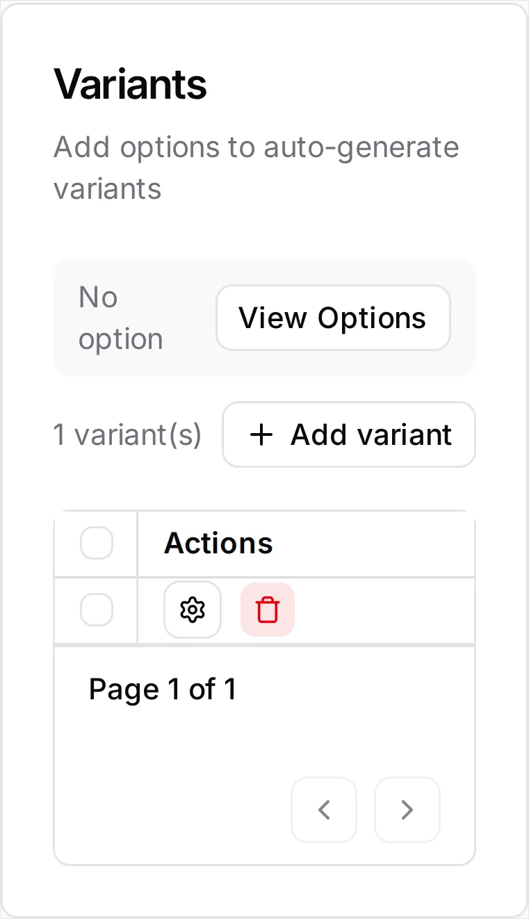 The same Variants card at phone width: the card stacks, and the variant table is clipped to its Actions column, so the placeholder row shows only its settings and delete buttons