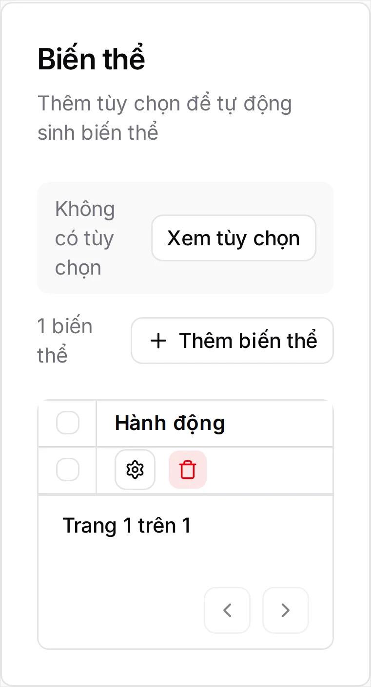 Vẫn thẻ Biến thể đó ở khổ điện thoại: thẻ xếp dọc lại và bảng biến thể bị cắt còn cột Hành động, nên dòng tạm chỉ hiện nút cài đặt và nút xóa
