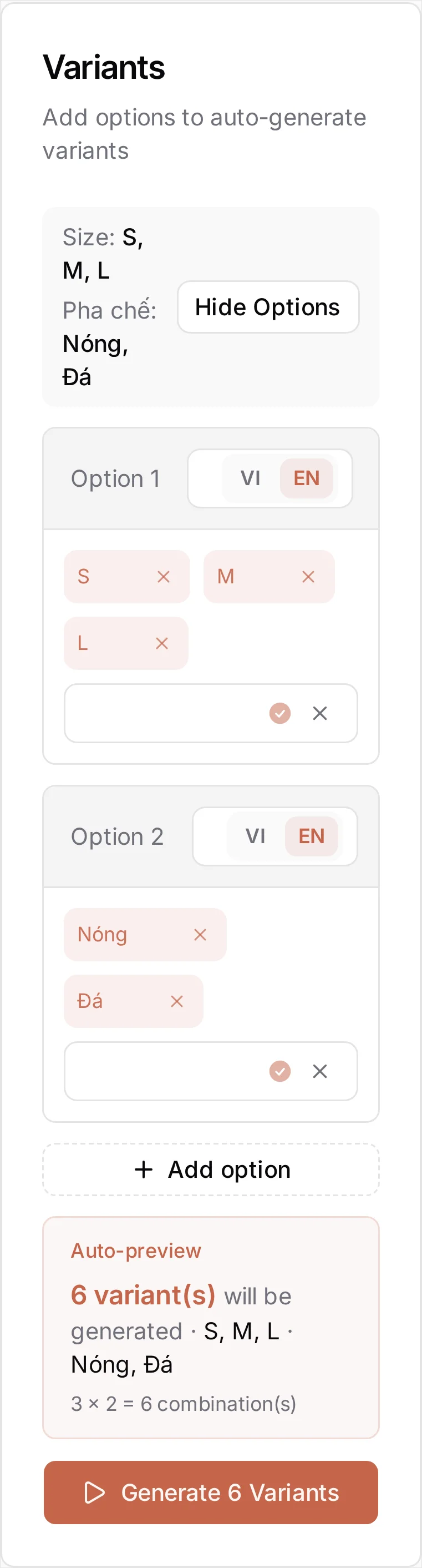 The same option editor at phone width, stacked into one column: both option cards with their value chips, the Add option button, the Auto-preview panel and the Generate 6 Variants button all still readable