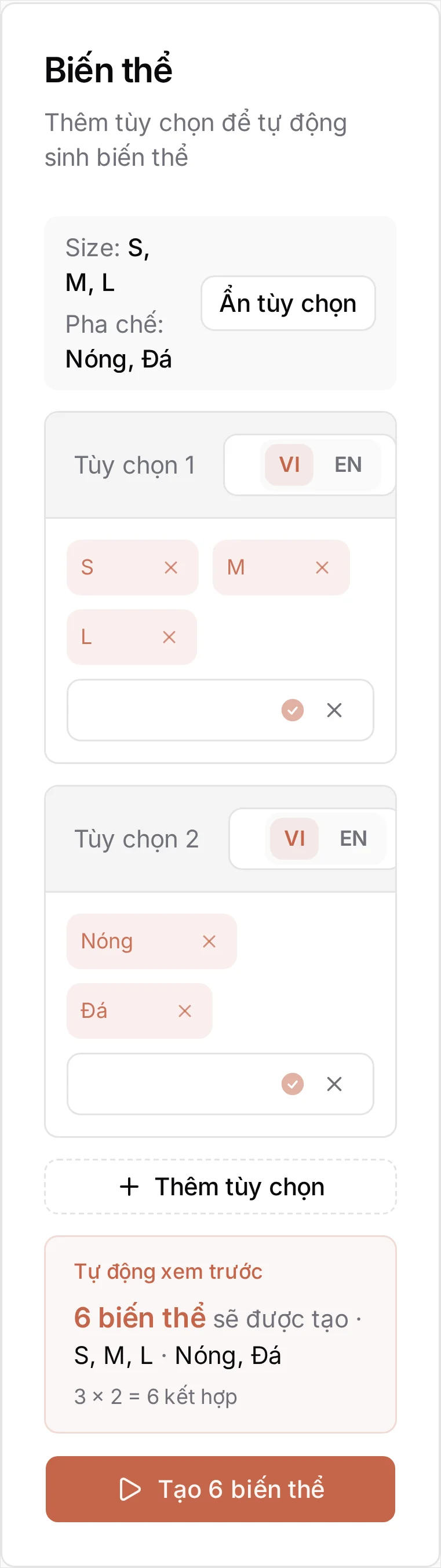 Vẫn phần khai báo đó ở khổ điện thoại, xếp thành một cột: hai thẻ tùy chọn với các chip giá trị, nút Thêm tùy chọn, khung Tự động xem trước và nút Tạo 6 biến thể đều còn đọc được