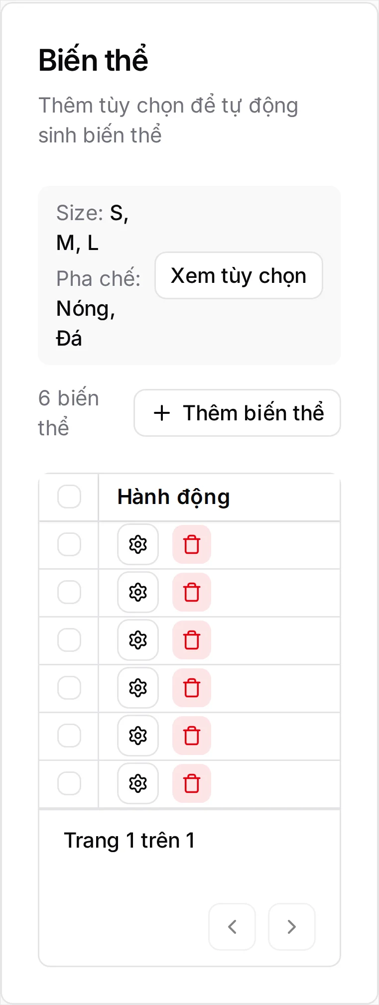Bảng đã nhập giá ở khổ điện thoại: vẫn bị cắt còn cột Hành động, nên không thấy được mức giá nào vừa nhập
