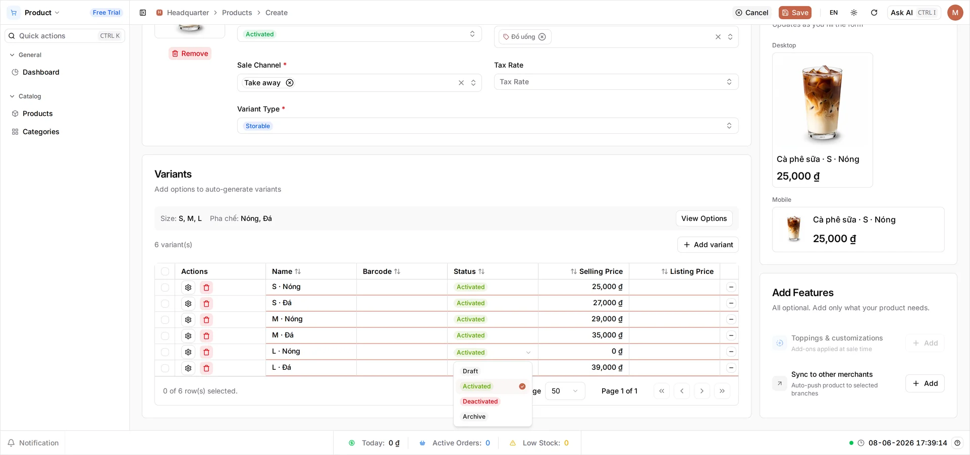 The Status dropdown open on the L · Nóng row, offering Draft, Activated, Deactivated and Archive, with Deactivated about to be chosen
